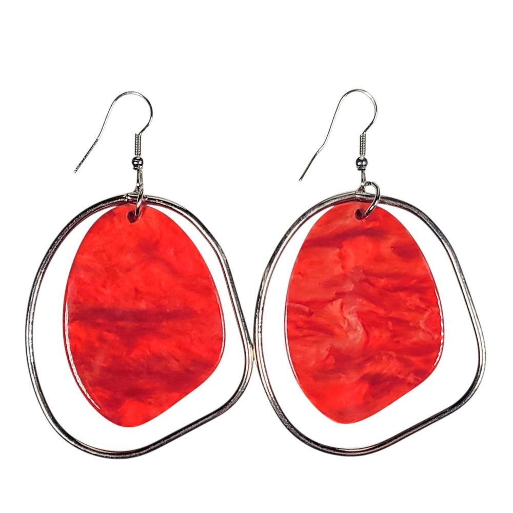 Red Marbled Abstract Disc Hoop Dangle Earrings Silver Tone Organic Statement
